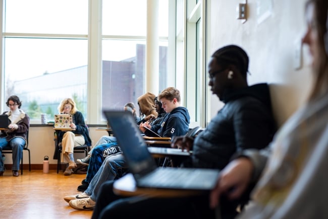 Students at Goucher College work in a well-lit room at individual desks on their laptops.